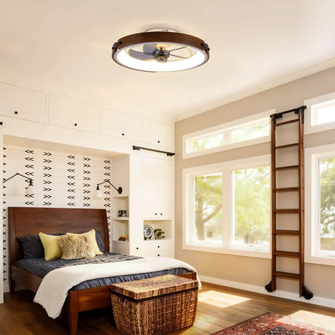 Neojoyoenix Light Fixture, 20" Ceiling Fans with Lights Kit (Led) and Remote Control, set in a modern bedroom with wood accents.
