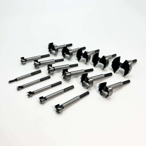 Forstner bit set, 16-piece with multi-sided hex shank for wood drilling