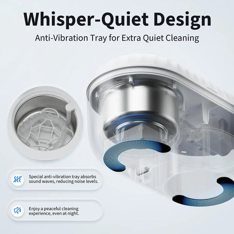 Automatic Denture Cleaner With Drain And Dry No Fuss, 45kHz Cleaning Machine For Dentures Retainers Night Guards Braces And Aligners, Built In Drainage Chamber, Low Noise Design, Hands Free Cleaning And Drying, whisper-quiet anti-vibration tray view