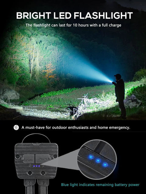 Person using Portable Gym Lighting For Posing And On The Go Magnetic Foldable LED Work Light in forest with blue beam.