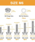 Dimensions and quantities of bolts, nuts, and washers from 135 Piece M6 Flange Bolt Kit Heavy Duty With Nuts And Flat Washers In 304 Stainless Steel