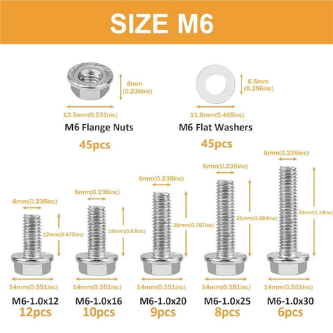 Dimensions and quantities of bolts, nuts, and washers from 135 Piece M6 Flange Bolt Kit Heavy Duty With Nuts And Flat Washers In 304 Stainless Steel