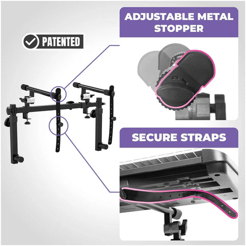 Two Tier Piano Keyboard Stand With Adjustable Height And Width For Synths And Electric Keyboards featuring metal stopper and straps