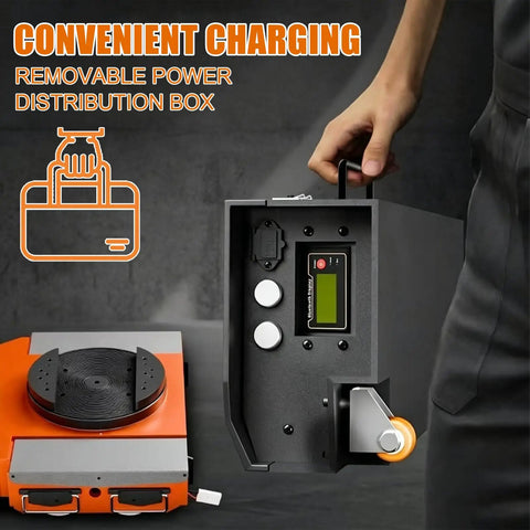 Heavy Duty Electric Machine Moving Sled With Smart Remote Control And 360 Degree Turntable For Industrial Warehouse Equipment Transport and Factory Relocation Projects, showing removable power distribution box and charging details.