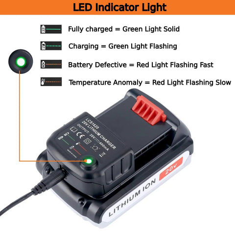 Replacement 20V 16V Lithium Ion Battery Charger For Black And Decker Compatible With LBXR20 LED indicator light guide