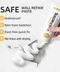 Hand applying white paste from tube for wall repair, labeled '120g' with features listed; Two Pack Drywall Repair Kit for Fast Wall Fixes White Spackle Putty Paste 240g Each