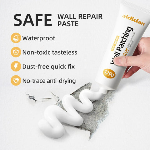 Hand applying white paste from tube for wall repair, labeled '120g' with features listed; Two Pack Drywall Repair Kit for Fast Wall Fixes White Spackle Putty Paste 240g Each