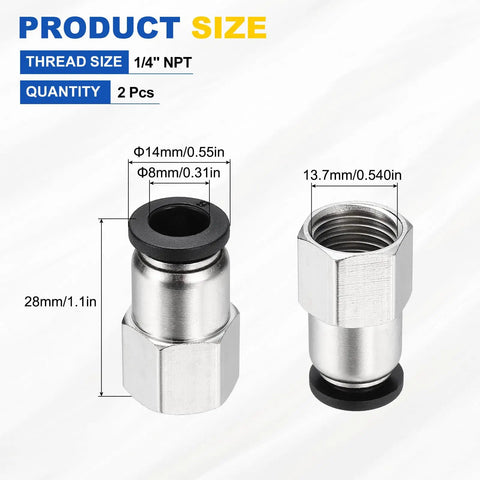 2-Piece Push To Connect Fittings For 1/4 NPT Nickel Plated Brass Straight Pneumatic Female Adapters 0.31 Inch Tube OD