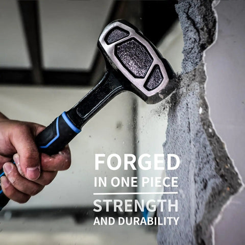 Drilling And Crack Hammer 3 Lb Small Sledge One Piece Forged Steel Construction Tool in use for demolition on concrete wall.