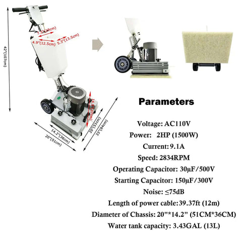 Industrial Floor Scrubber Grinding Machine With 3.43 Gal Capacity, 2834 RPM Polisher With 1500W Pure Copper Motor and Parameters Chart