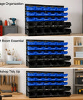 Rock Solid Heavy Duty Wall Mount Tool Organizer Rack With Thirty Spacious Compartments, black and blue bins for garage organization.