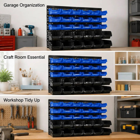 Rock Solid Heavy Duty Wall Mount Tool Organizer Rack With Thirty Spacious Compartments, black and blue bins for garage organization.