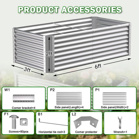 Tall Galvanized Raised Garden Bed Kit For Outdoor Patio 6x3x2ft Deep Root Planter Boxes No Bend Elevated Metal Garden Beds For Vegetables Flowers And Herbs 1 Pack Silver shown with accessories including corner brackets, side panels, screws, rods, and wrenches.