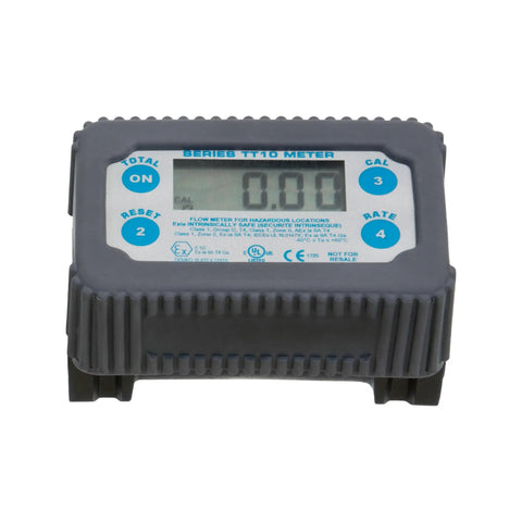 TT10PN 1 Inch Digital Inline Turbine Chemical Transfer Meter with 2-35 GPM flow, polymer body, 4-digit readout, front view.