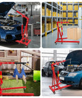 Grease Monkey Approved Heavy Duty Folding Hydraulic Engine Hoist Two Ton Cherry Picker Crane lifting an engine in a garage.
