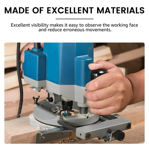 6.5 Inch Extra Thick Clear Acrylic Router Base Plate With Secure Centering Pin Universal Sub Base Beefy Platform For Power Tools and Woodwork Crews Top Shelf in use on wood.