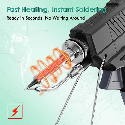 Close-up of 60W Auto Feed Soldering Iron Gun Kit With Adjustable Temperature LCD Display One Hand Soldering Ready shown in use