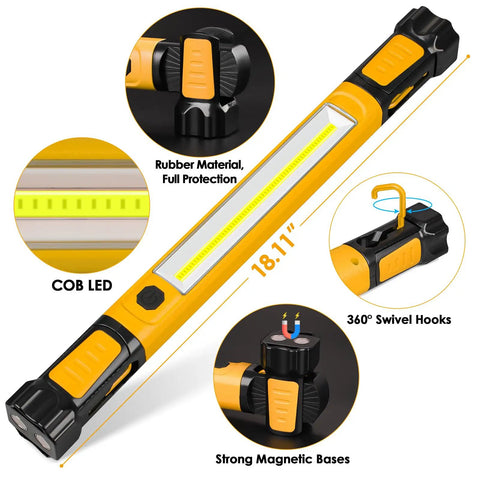 Beast Mode 2500LM COB LED Work Light With 5200mAh Rechargeable Battery, showing hooks, magnetic bases, and rubber material protection.