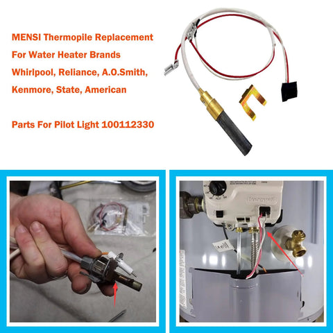 MENSI thermopile replacement for water heater pilot light; harness, brass fittings, installed in Honeywell gas valve.