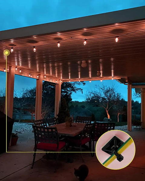 Outdoor patio with chairs, featuring a close-up of Self Adhesive Cable Tie Mounts With Screw Holes 1x1 Inch Square Black Base Holder.
