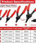 Ten Piece Snap Ring Pliers Set For Automotive Retaining Rings Removal And Installation Including Internal And External Circlips With Straight And Bent Jaw, Hook And Pick Tools In A Garage Ready Storage Case showing straight-nose pliers specifications with jaw diameter and length details.