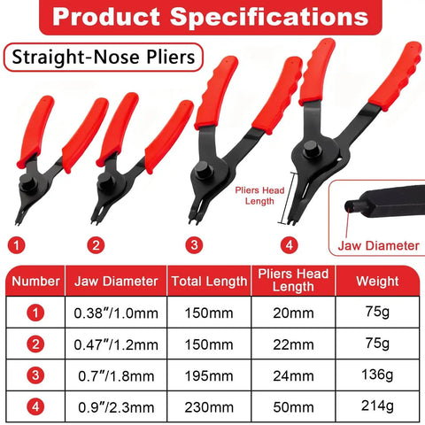 Ten Piece Snap Ring Pliers Set For Automotive Retaining Rings Removal And Installation Including Internal And External Circlips With Straight And Bent Jaw, Hook And Pick Tools In A Garage Ready Storage Case showing straight-nose pliers specifications with jaw diameter and length details.