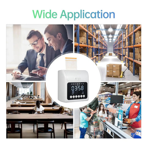 No Sweat Electronic Time Clock For Employee Attendance With Secure Passcode Lock and Bulk Time Cards shown in diverse work environments.