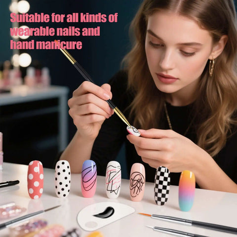 Woman using 32Piece Pro Nail Art Brushes Kit With Double Ended Brushes Dotting Tools for detailed nail art
