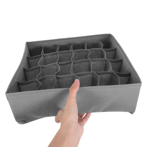 Set Of Three Foldable Cloth Underwear Organizers To Chill Out Drawer Chaos And Keep Your Closet Fresh While Giving Delicate Bras Extra Love During Your Busy Weekday Hustle - grey fabric organizer with divided compartments.