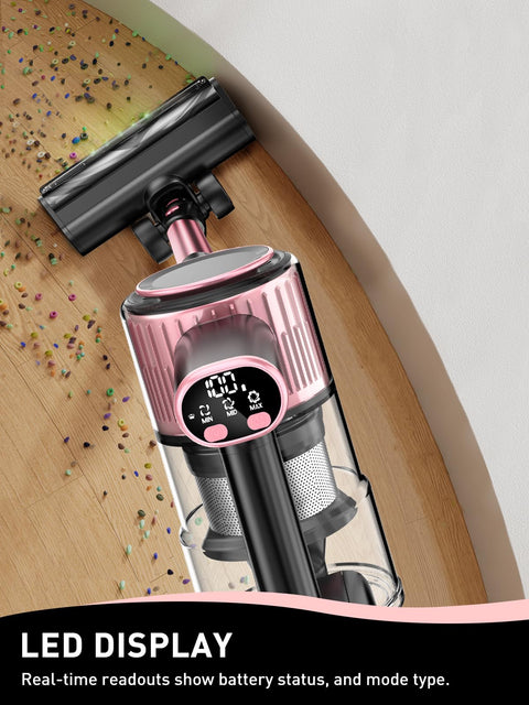 Cordless Vacuum Cleaner 8 In 1 With Beastly 45KPa Suction cleaning hardwood floor with LED display showing status