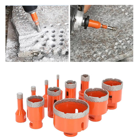 Get Your 11 Piece Diamond Hole Saw Kit For Ceramic Tile Marble Granite And Hard Stone Cutting With M14 Thread And Hex Shank Adapter Featuring Cool Wax For Fast Cooling And Chip Holes In 6 To 68mm Sizes That Rock Any DIY Or Pro Project Without Hassle., 11-piece diamond hole saw kit on granite and tile with multiple sizes