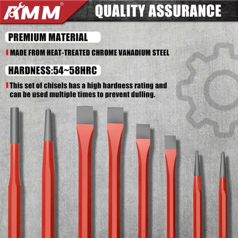 28 Piece Heavy Duty Punch And Chisel Set with Cr-V steel for durability, showcasing premium material and hardness rating.
