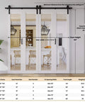 Four-panel mirror bifold barn door kit with sliding hardware for narrow closets, 56 inch width by 84 inch height, white MDF, 64 inch track.