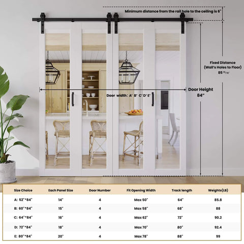Four-panel mirror bifold barn door kit with sliding hardware for narrow closets, 56 inch width by 84 inch height, white MDF, 64 inch track.