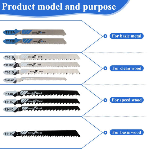 Jigsaw blades set, 10-piece assorted T-shank blades for wood and metal cutting, Amazon brand.