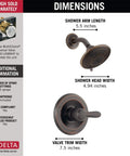 High End Lahara 14 Series Shower Trim Kit In Oil Rubbed Bronze dimensions showing shower arm, head, and valve trim widths.