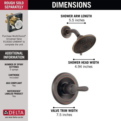 High End Lahara 14 Series Shower Trim Kit In Oil Rubbed Bronze dimensions showing shower arm, head, and valve trim widths.