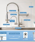 GIMILI 3 in 1 Commercial Kitchen Faucet with Water Filter System, brushed nickel, detailed measurements and features.