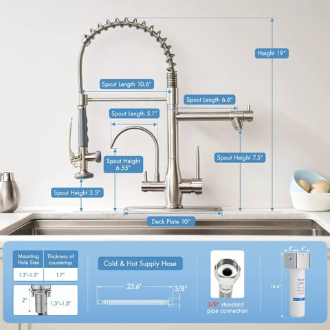 GIMILI 3 in 1 Commercial Kitchen Faucet with Water Filter System, brushed nickel, detailed measurements and features.