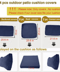 14 Piece Outdoor Cushion Cover Replacement Set For 6 Seat Wicker Rattan Patio Sofa Waterproof Navy Blue Cushion Covers For Outdoor Furniture Covers Only displayed with dimensions.
