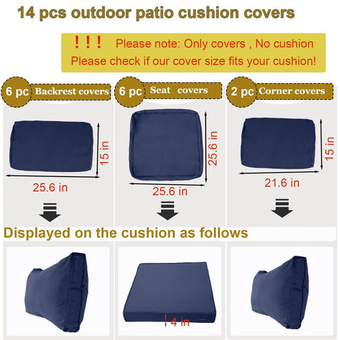 14 Piece Outdoor Cushion Cover Replacement Set For 6 Seat Wicker Rattan Patio Sofa Waterproof Navy Blue Cushion Covers For Outdoor Furniture Covers Only displayed with dimensions.