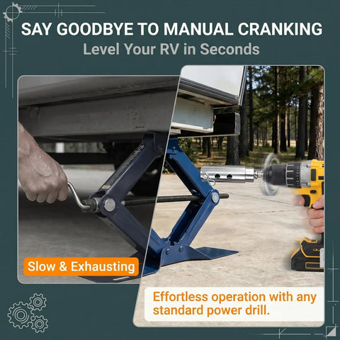 Image comparing manual cranking and the Heavy Duty 1 Inch Trailer Jack Drill Adapter Stainless Steel 1/2 Inch Socket Bit for RV and Dump Trailers.