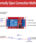 4 Pack 5V Relay Module One Channel Optocoupler with High-Current Switch for Home Projects Handles 10A at 250V AC or 10A at 30V DC, normally open connection method diagram.