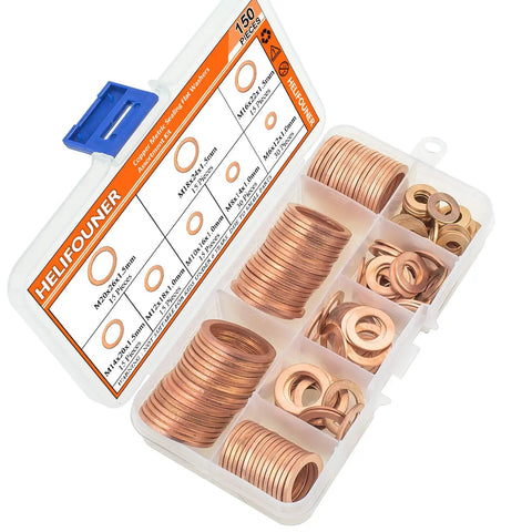 Copper Washers Kit 150Pcs 8 Sizes Metric Sealing Flat Washers Set For Plumbing And Auto Pro Grade Copper With High Conductivity And Corrosion Resistance M6 To M20 All In One Assortment For Gaskets And Leaks in plastic case