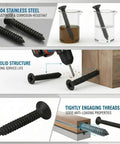 Pro Grade 304 Stainless Steel Self Tapping Screws For Wood And Sheet Metal 100 Pack shown in rust-proof tests and installation.