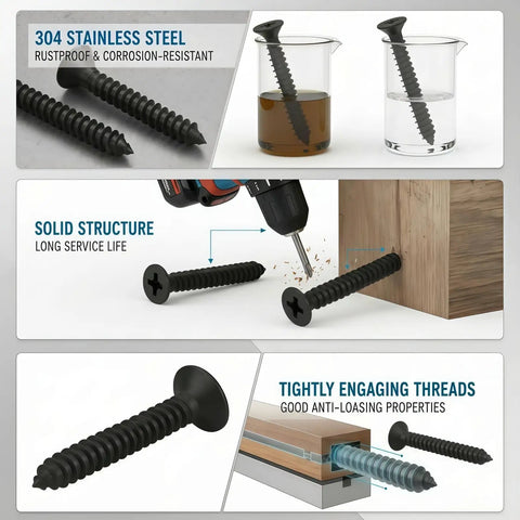 Pro Grade 304 Stainless Steel Self Tapping Screws For Wood And Sheet Metal 100 Pack shown in rust-proof tests and installation.