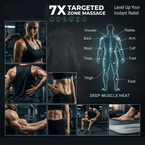Diagram and images show the Beast 16 Head Deep Tissue Massager With Heat For Full Body Relief Three Modes And Thirty Intensities