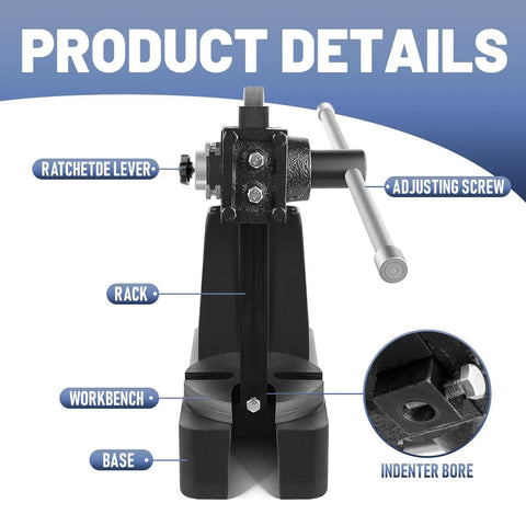 Close-up view of Three Ton Arbor Press Cut From Solid Cast Iron With Twelve Inch Stroke featuring ratchet lever and adjusting screw.
