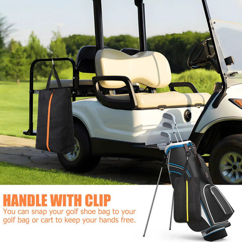 Smell Proof Shoe Bag For Travel And Gym Odor Blocking Waterproof Golf Kicks Bag with handle attached to golf cart