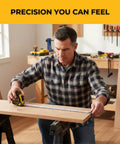 Man using Auto Lock Pro Carpenter Tape Measure With Push Button Release For Quick Tape Eject 16 Foot Tape Standard And Metric Compact Casing Pencil Sharpener Heavy Duty Belt Clip Built Tough And Ready on wood board in workshop